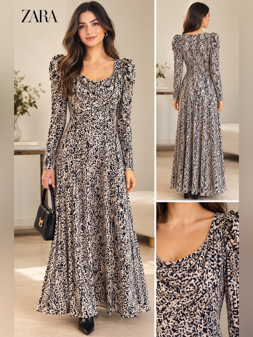 ZARA Beige and Black Leopard-Print Long Sleeve Maxi Dress